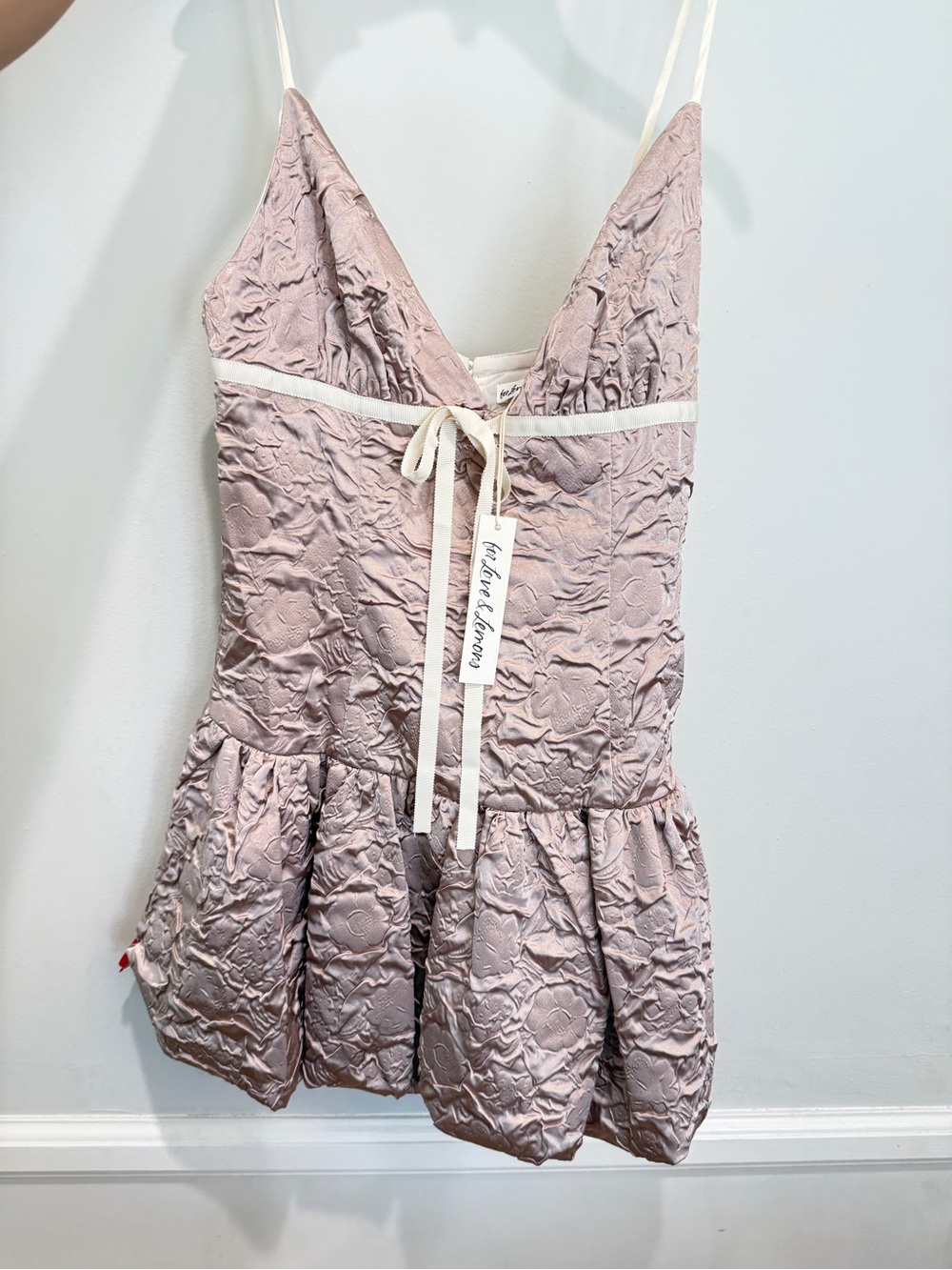 For Love & Lemons flower satin mini dress bubble bow tie bubble hem drop waist - Picture 5 of 14